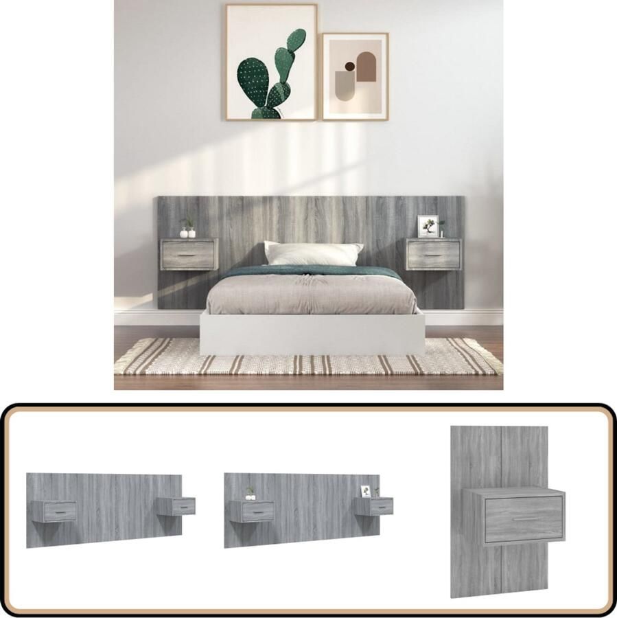 VidaXL Hoofdbord met nachtkastjes Grijs eikenhout Hoofd Bord Hoofdkussen Nachtlampje Wanddecoratie Slaapkamer Decoratie