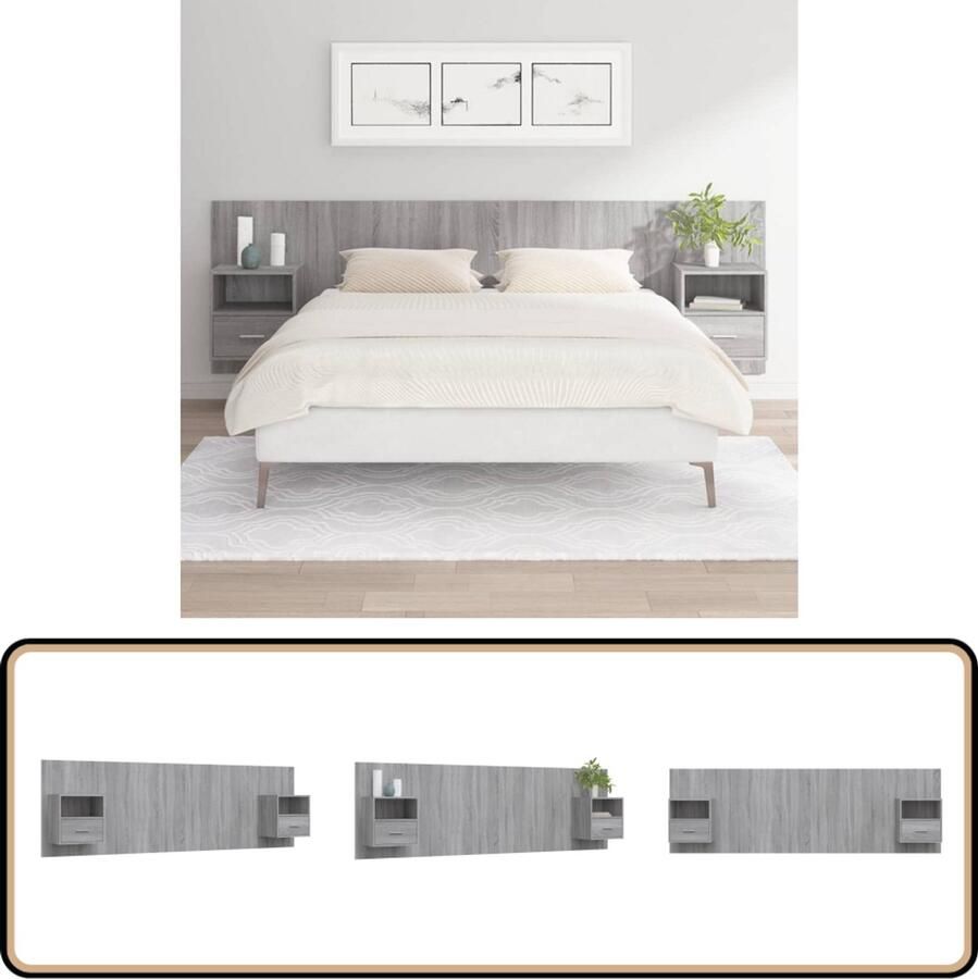 VidaXL Hoofdbord met Nachtkastjes Grijs Sonoma Eiken Hoofd Bord Hoofdkussen Bed Frame Slaap Kamer Decoratie Wand Montage