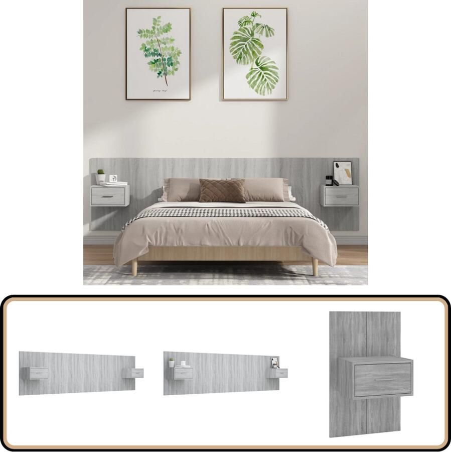 VidaXL Hoofdbord met nachtkastjes Grijs Sonoma Eiken Hoofd Bord Hoofdkussen Wandmontage Nachtlampje Slaapkamers