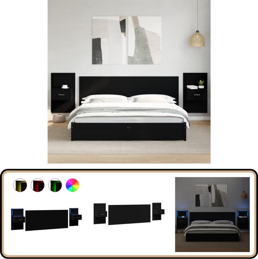 VidaXL Hoofdbord met Nachtkastjes Zwart 200 cm Hoofdbord Bedstelling Houten Hoofdbord Zwart Hoofdbord Led Verlichting