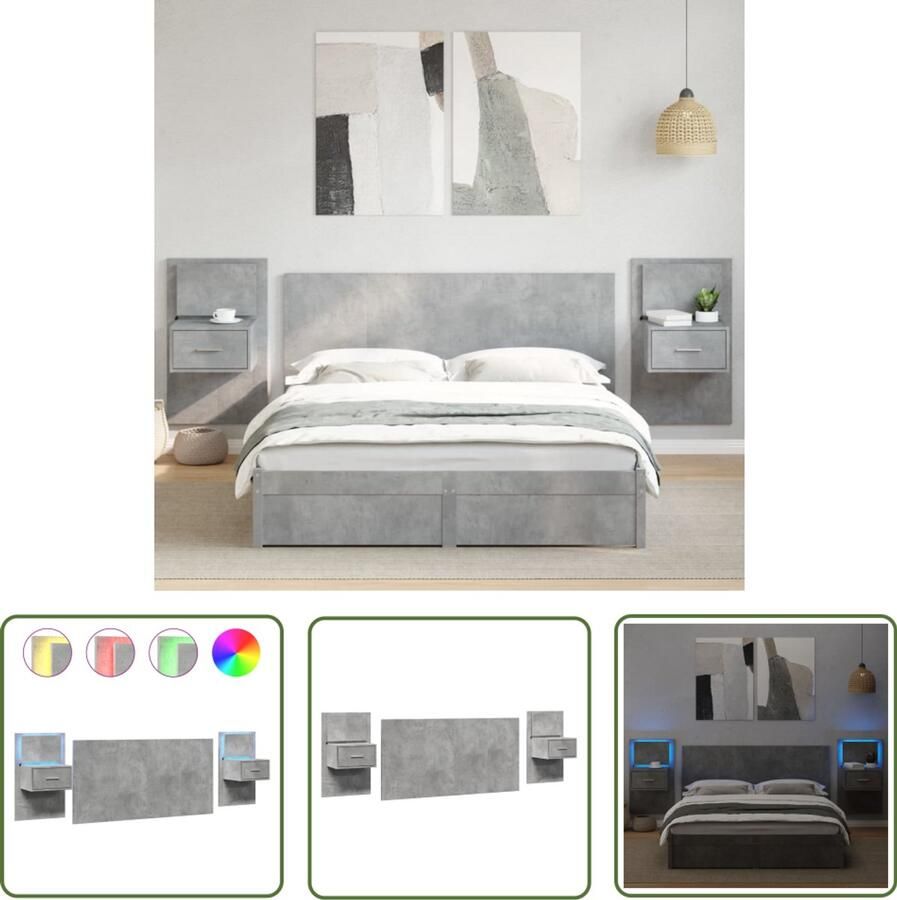 VidaXL Hoofdbord met Nachttafels 160 cm Grijs Hoofdbord Nachtlamp Houten Meubilair Betonnen Grijs Slaapkamer Decoratie Led Verlichting Opbergkast Tweepersoonsbed