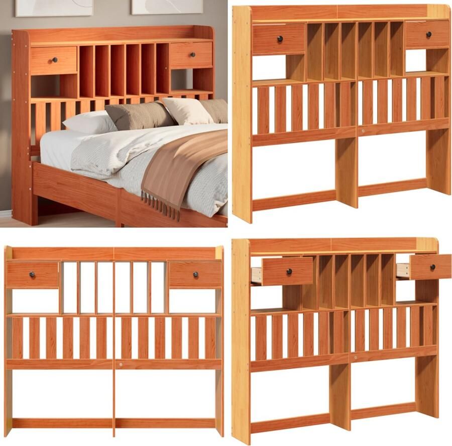 VidaXL Hoofdbord met opbergruimte 135 cm massief grenenhout wasbruin Hoofdbord Hoofdborden Bed Hoofdbord Bedhoofdbord