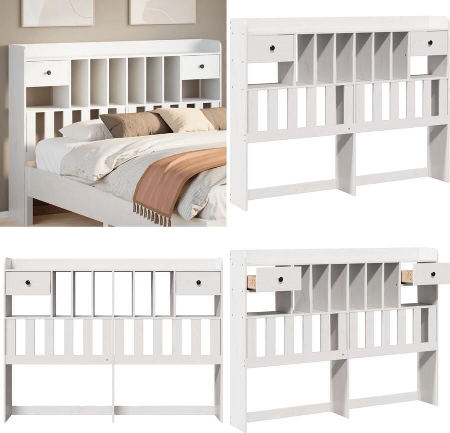 VidaXL Hoofdbord met opbergruimte 160 cm massief grenenhout wit Hoofdbord Hoofdborden Bed Hoofdbord Bedhoofdbord - Foto 3