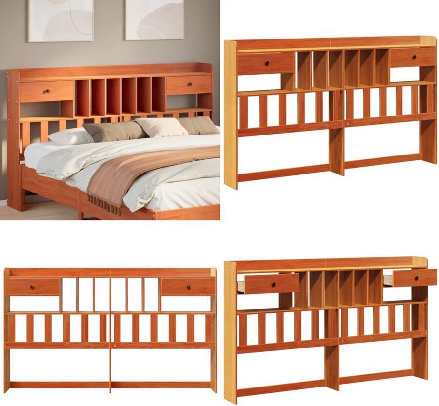 VidaXL Hoofdbord met opbergruimte 200 cm massief grenenhout wasbruin Hoofdbord Hoofdborden Bed Hoofdbord Bedhoofdbord