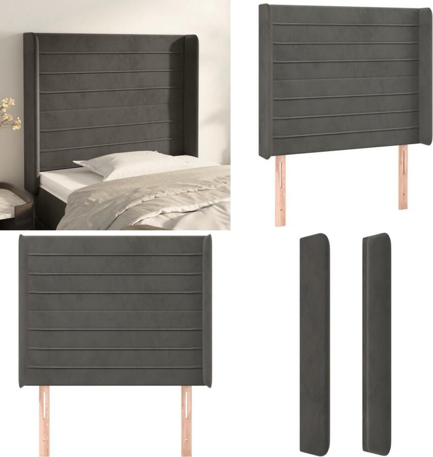 VidaXL Hoofdbord met randen 103x16x118 128 cm fluweel donkergrijs Hoofdbord Hoofdborden Hoofdeinde Houten Hoofdbord