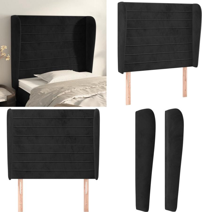 VidaXL Hoofdbord met randen 103x23x118 128 cm fluweel zwart Hoofdbord Hoofdborden Hoofdeinde Houten Hoofdbord