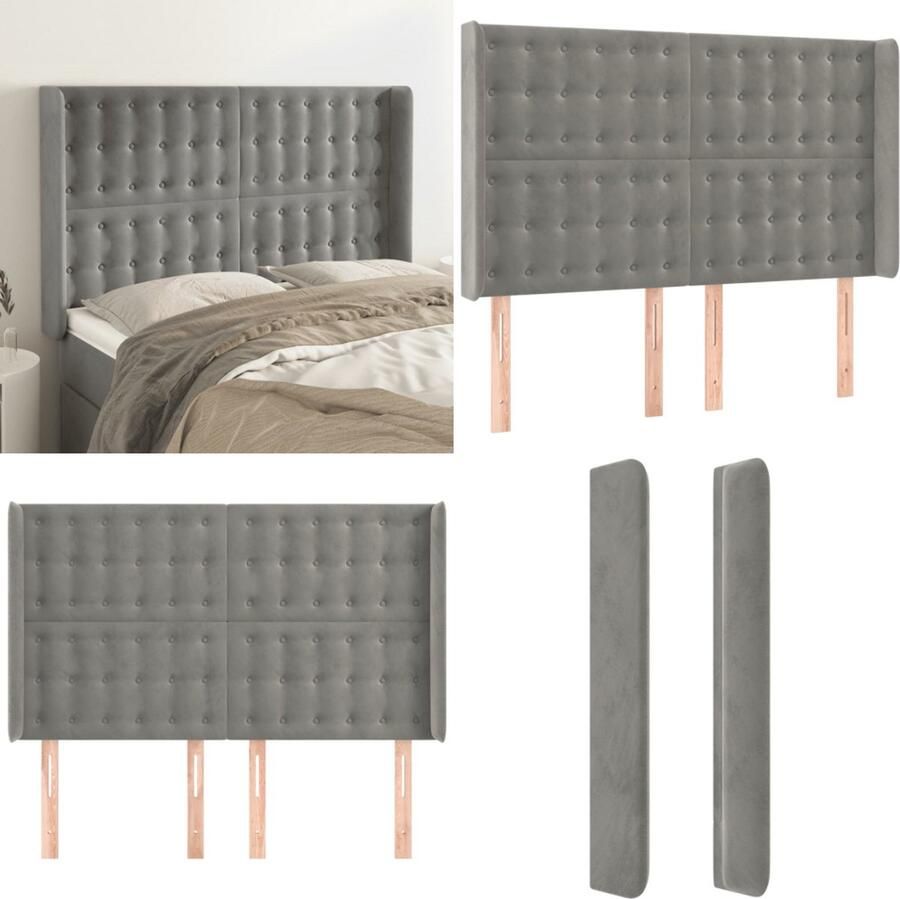 VidaXL Hoofdbord met randen 147x16x118 128 cm fluweel lichtgrijs Hoofdbord Hoofdborden Hoofdeinde Houten Hoofdbord