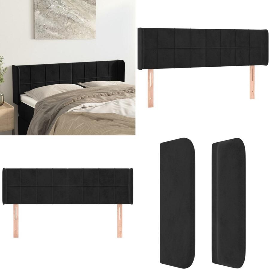 VidaXL Hoofdbord met randen 147x16x78 88 cm fluweel zwart Hoofdbord Hoofdborden Hoofdeinde Houten Hoofdbord