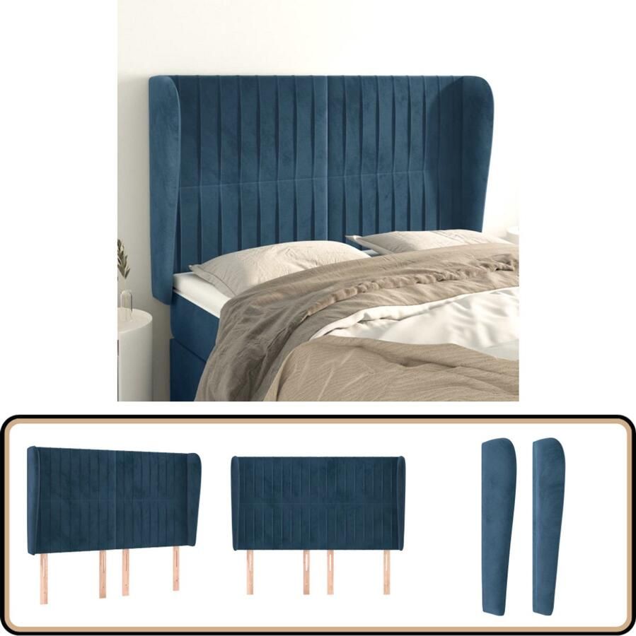 VidaXL Hoofdbord met randen 147x23x118 128 cm Fluweel Donkerblauw Hoofd Bord Hoofdeinde Beddecoratie Velvet Blauw