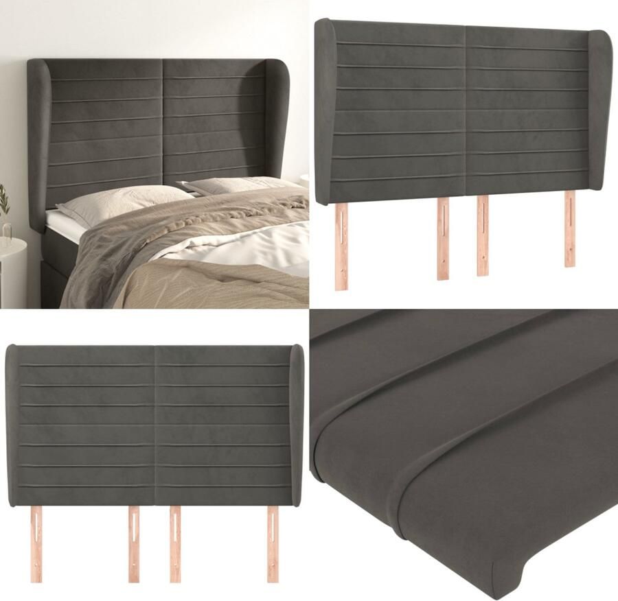 VidaXL Hoofdbord met randen 147x23x118 128 cm fluweel donkergrijs Hoofdbord Hoofdborden Hoofdeinde Houten Hoofdbord