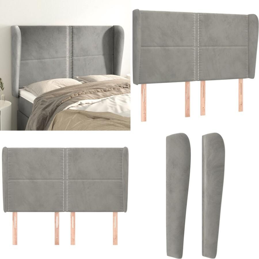 VidaXL Hoofdbord met randen 147x23x118 128 cm fluweel lichtgrijs Hoofdbord Hoofdborden Hoofdeinde Houten Hoofdbord