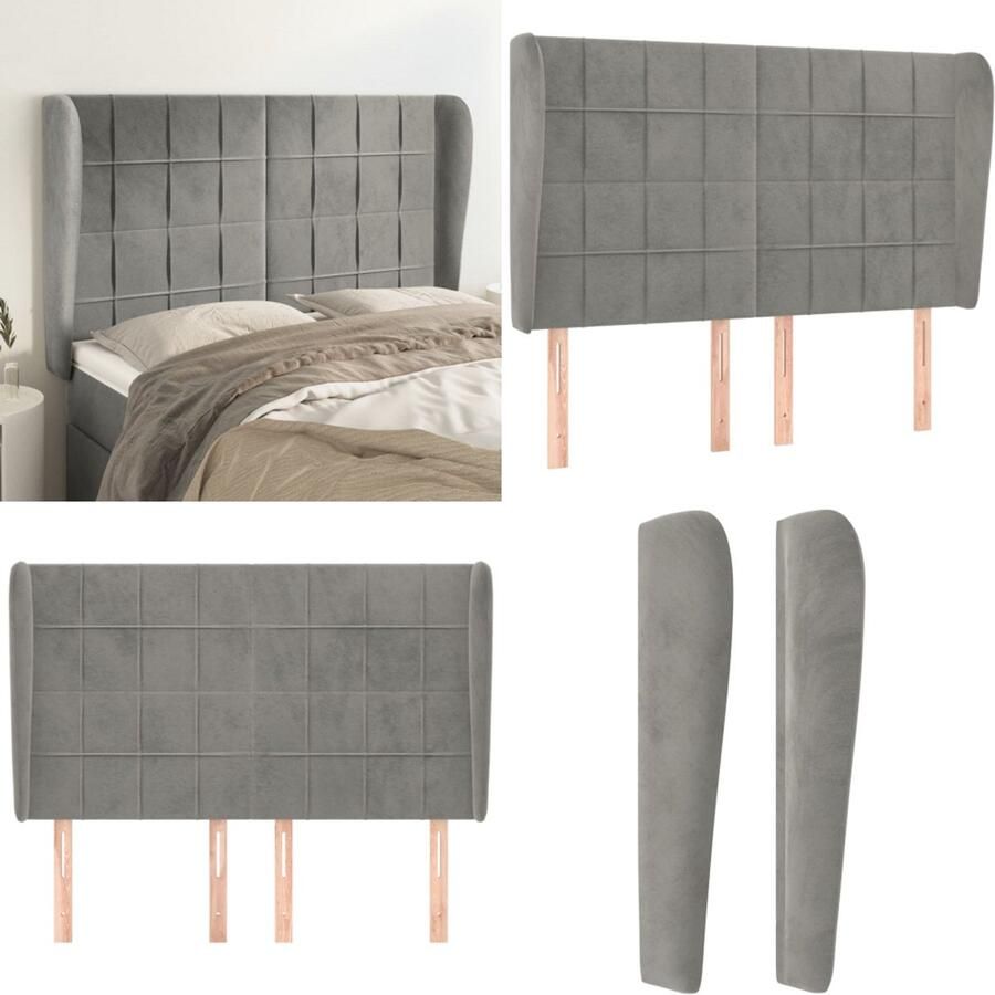 The Living Store Hoofdbord met randen 147x23x118 128 cm fluweel lichtgrijs Hoofd Bord Hoofdkussen Velvet Grijs Beddecoratie