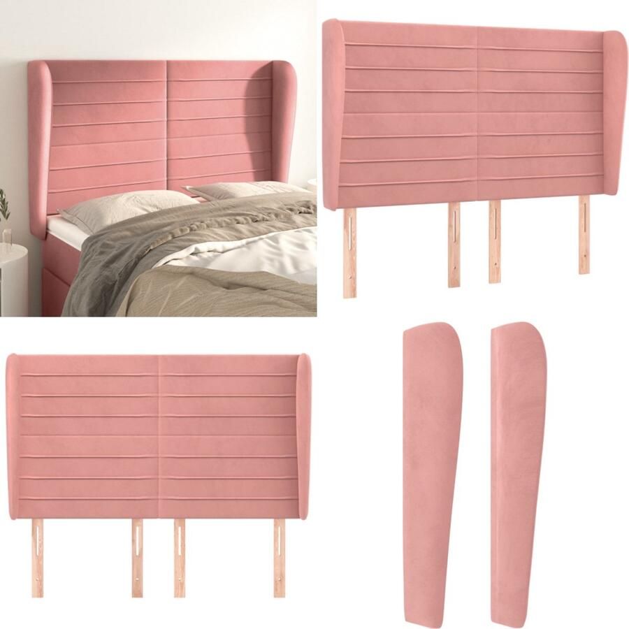 VidaXL Hoofdbord met randen 147x23x118 128 cm fluweel roze Hoofdbord Hoofdborden Hoofdeinde Houten Hoofdbord