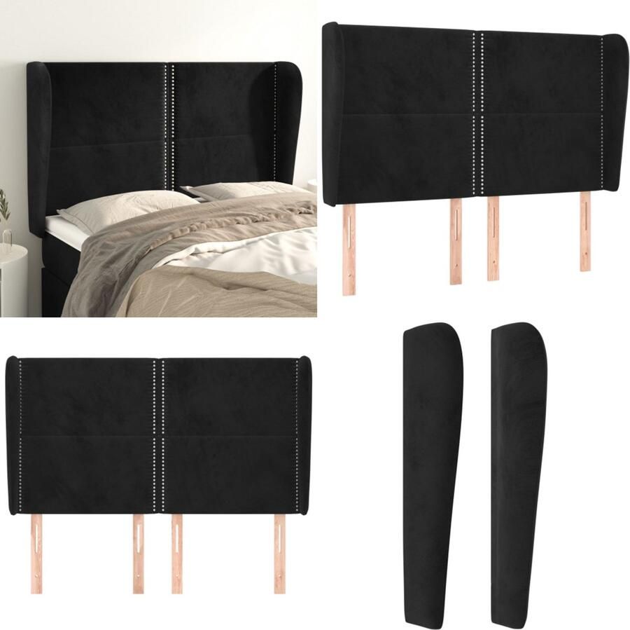 VidaXL Hoofdbord met randen 147x23x118 128 cm fluweel zwart Hoofdbord Hoofdborden Hoofdeinde Houten Hoofdbord