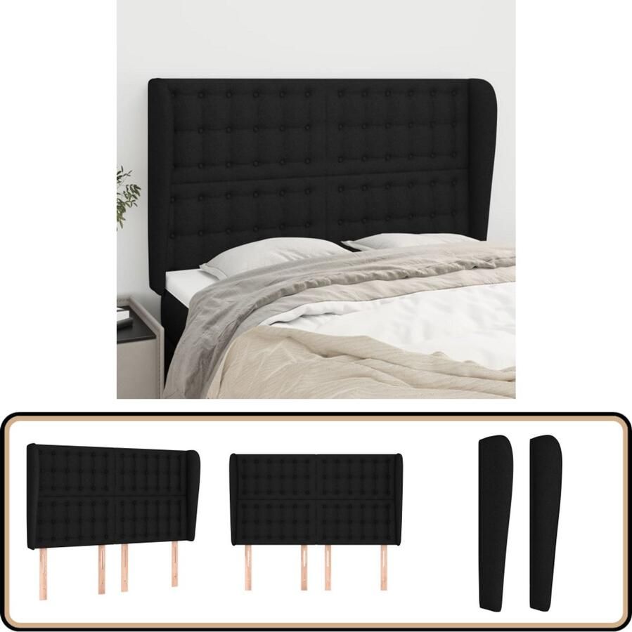 VidaXL Hoofdbord met randen 147x23x118 128 cm Zwart Hoofd Bord Hoofdkussen Beddecoratie Slaap Accessoires Zware Stoffen Luxe Bed Minimalistisch Meubilair Zwart Hoofdbord