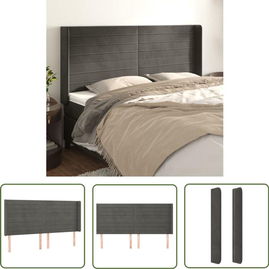 VidaXL Hoofdbord met randen 163x16x118 128 cm Fluweel Donkergrijs Hoofd Bord Hoofdkussen Velvet Grijs Tweepersoonsbed Stapelbed Boxspring Bed Accessoires Slaapkamers
