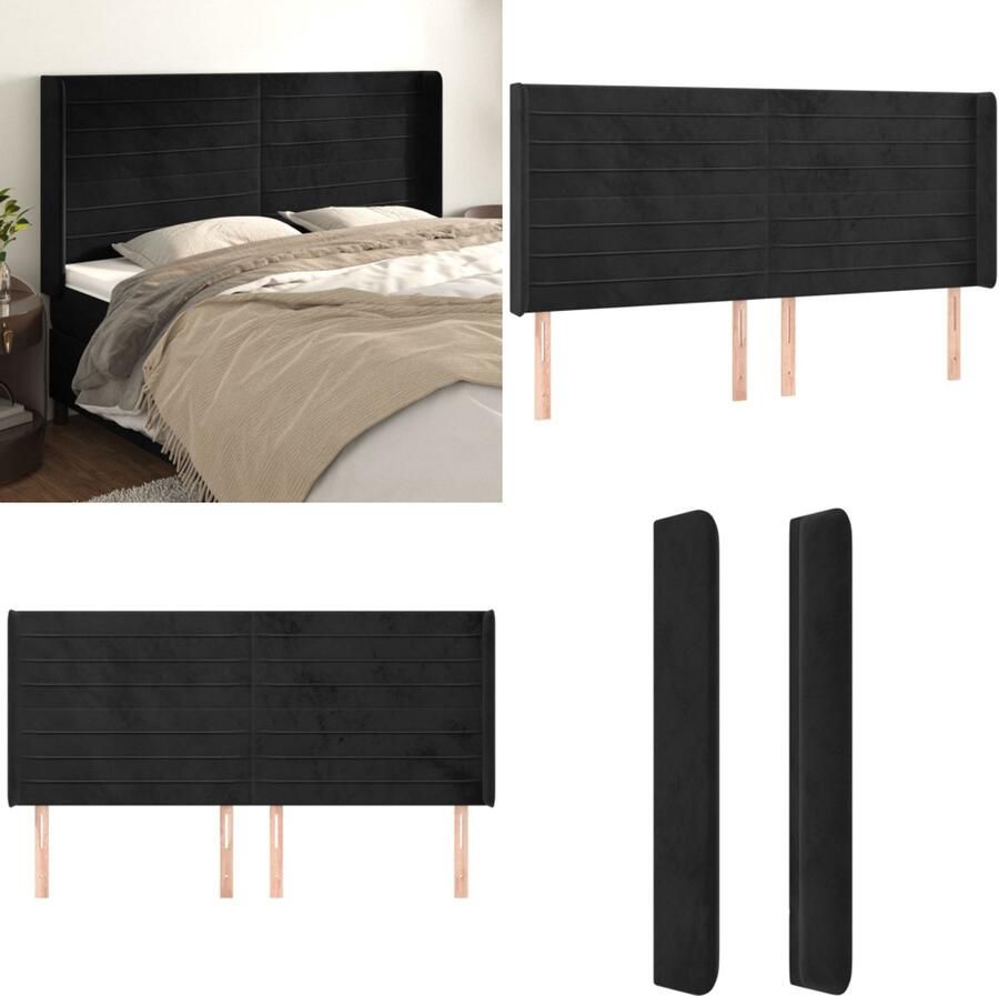 VidaXL Hoofdbord met randen 163x16x118 128 cm fluweel zwart Hoofdbord Hoofdborden Hoofdeinde Houten Hoofdbord