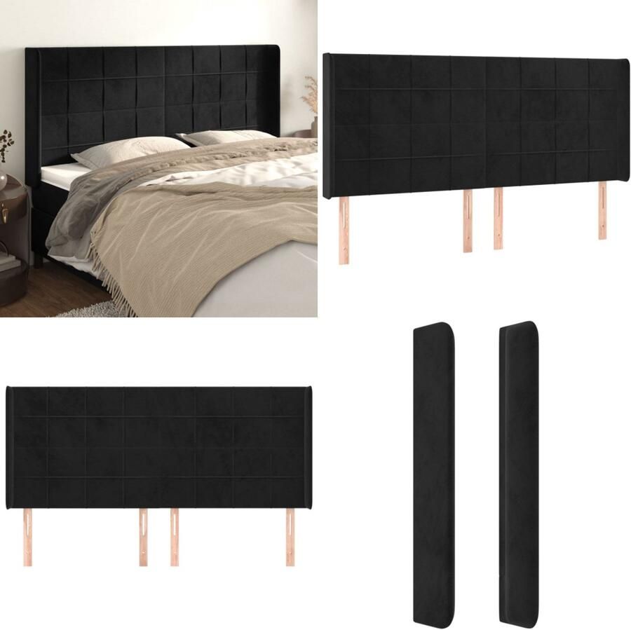 VidaXL Hoofdbord met randen 163x16x118 128 cm fluweel zwart Hoofdbord Hoofdborden Hoofdeinde Houten Hoofdbord