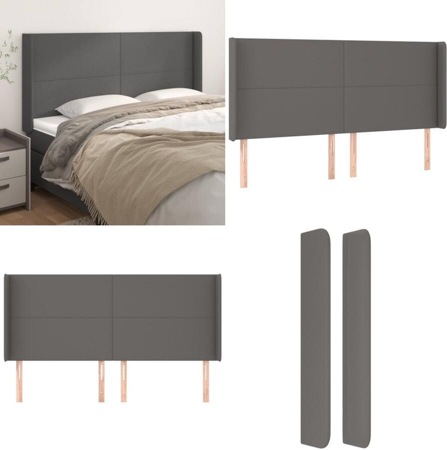 VidaXL Hoofdbord met randen 163x16x118 128 cm kunstleer grijs Hoofdbord Hoofdborden Hoofdeinde Houten Hoofdbord