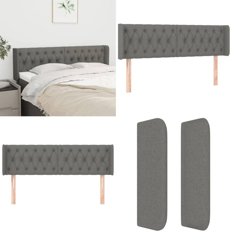 VidaXL Hoofdbord met randen 163x16x78 88 cm stof donkergrijs Hoofdbord Hoofdborden Hoofdeinde Houten Hoofdbord