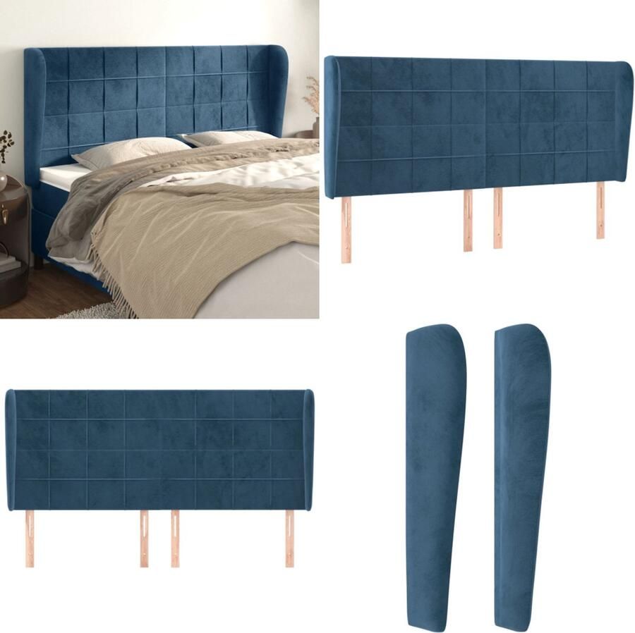 VidaXL Hoofdbord met randen 163x23x118 128 cm fluweel donkerblauw Hoofdbord Hoofdborden Hoofdeinde Houten Hoofdbord