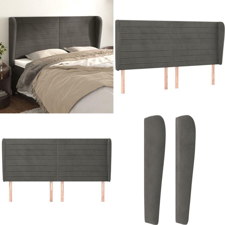 VidaXL Hoofdbord met randen 163x23x118 128 cm fluweel donkergrijs Hoofdbord Hoofdborden Hoofdeinde Houten Hoofdbord