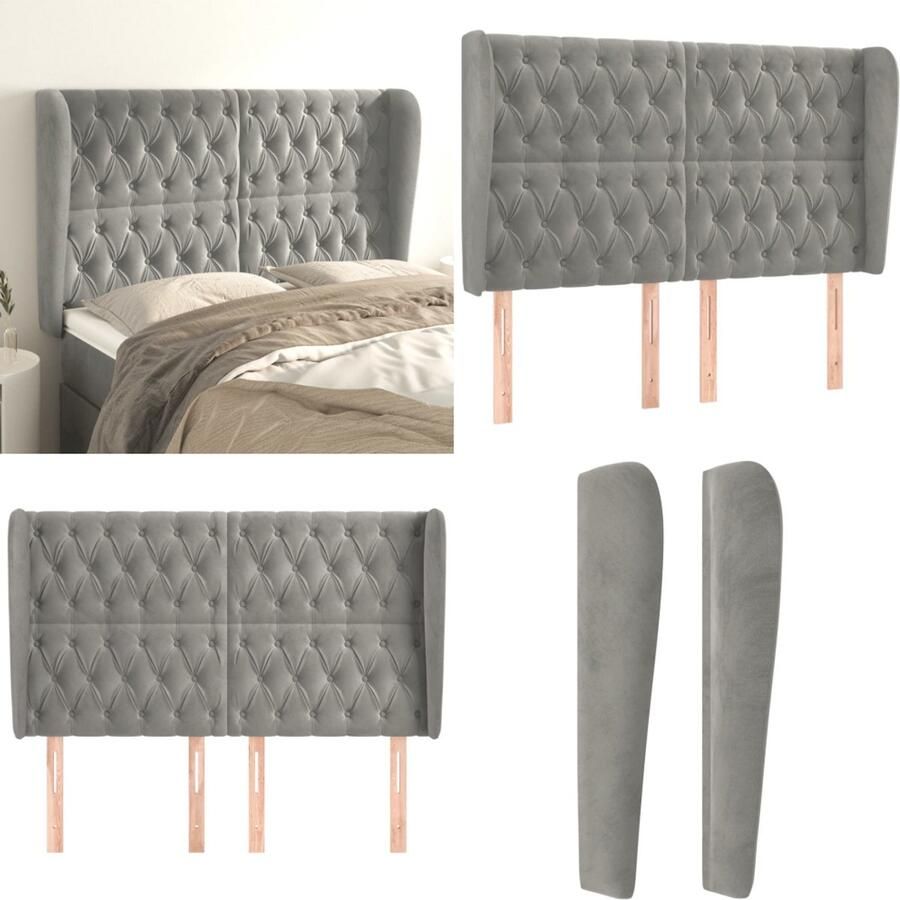 The Living Store Hoofdbord met randen 163x23x118 128 cm fluweel lichtgrijs Klassieke Hoofdbord Fluweel Hoofdbord Grijs Hoofdbord Met Pootjes Adjustable Hoofdbord