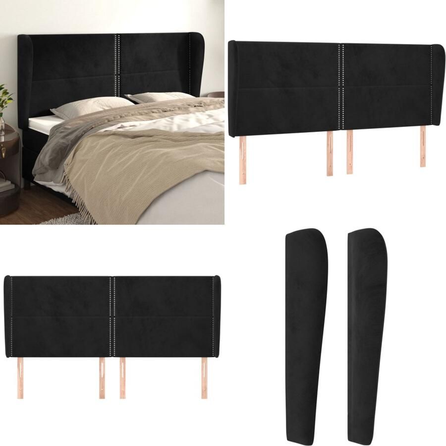 VidaXL Hoofdbord met randen 163x23x118 128 cm fluweel zwart Hoofdbord Hoofdborden Hoofdeinde Houten Hoofdbord