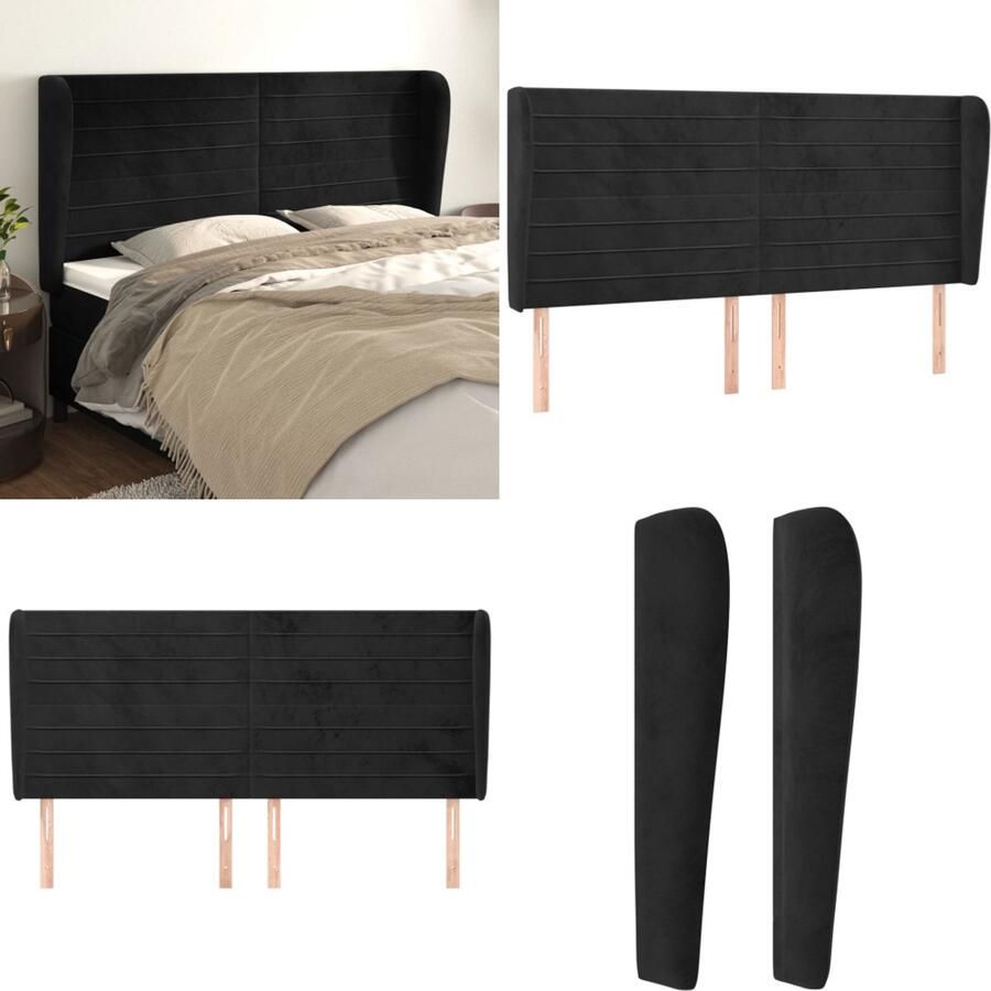 VidaXL Hoofdbord met randen 163x23x118 128 cm fluweel zwart Hoofdbord Hoofdborden Hoofdeinde Houten Hoofdbord