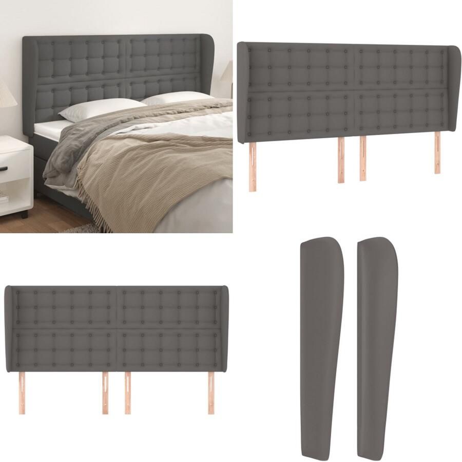 VidaXL Hoofdbord met randen 163x23x118 128 cm kunstleer grijs Hoofdbord Hoofdborden Hoofdeinde Houten Hoofdbord