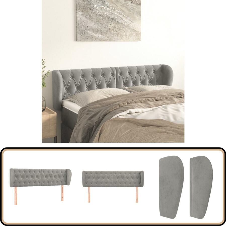 VidaXL Hoofdbord met randen 163x23x78 88 cm Lichtgrijs Hoofd Bord Hoofdeinde Beddecoratie Velvet Grijs Luxe Comfort