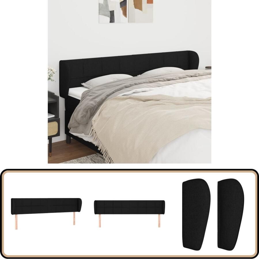 VidaXL Hoofdbord met randen 163x23x78 88 cm Zwart Hoofd Bord Bedhoofdbord Hoofdkussen Slaap Accessoires Kamer Decoratie Zware Stoffen Larikssthoot Modern Design Zwart Meubilair
