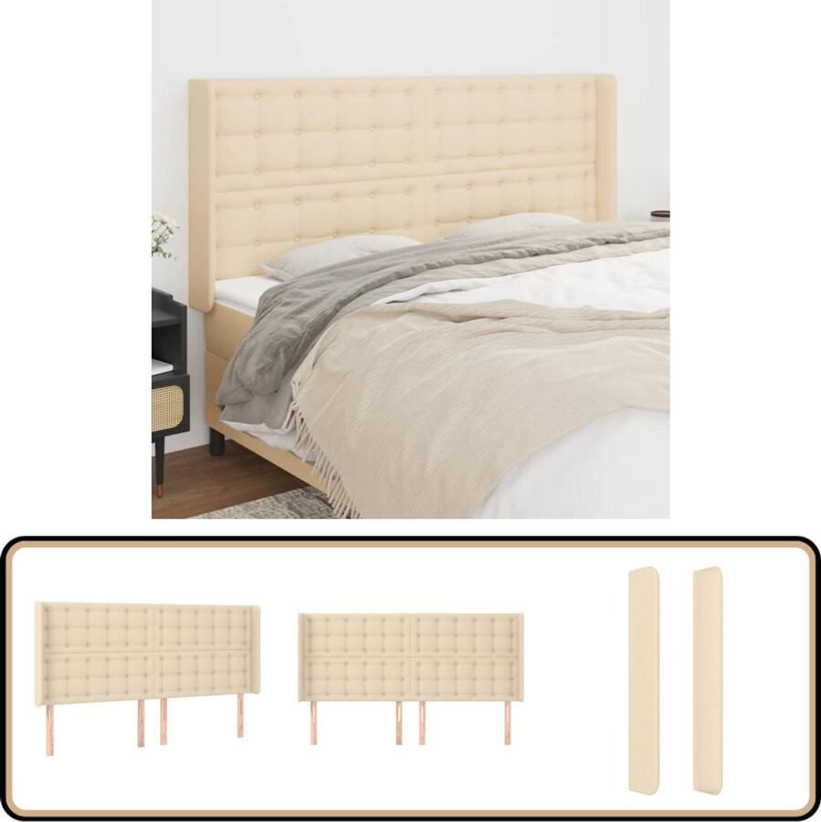 VidaXL Hoofdbord met randen 183x118 cm crèmekleurig Klassieke Hoofdbord Creme Bedhoofd Stoffen Hoofdbord Houten Poten