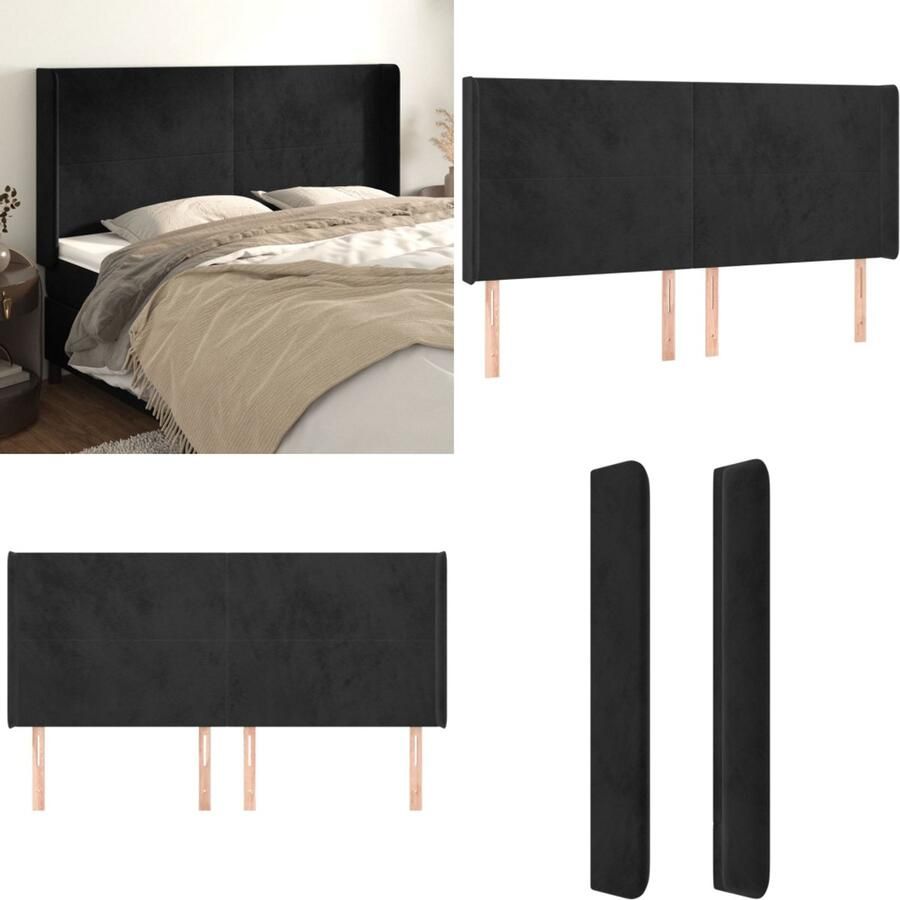 VidaXL Hoofdbord met randen 183x16x118 128 cm fluweel zwart Hoofdbord Hoofdborden Hoofdeinde Houten Hoofdbord