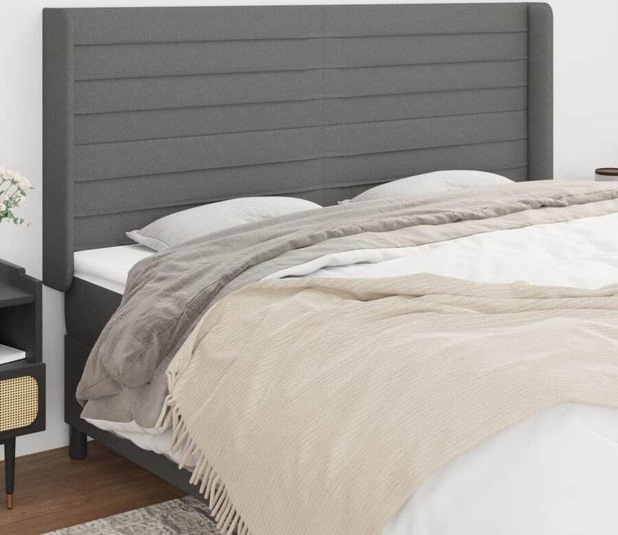 VidaXL Hoofdbord met randen 183x16x118 128 cm Stof Donkergrijs Hoofd Bord Hoofdkussen Beddecoratie Slaapcomfort Donkere Kleuren Stoffen Hoofdborden Modern Hoofdbord Rustieke Meubels - Foto 2