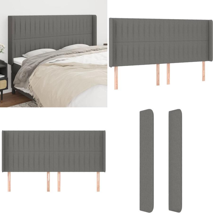 VidaXL Hoofdbord met randen 183x16x118 128 cm stof donkergrijs Hoofdbord Hoofdborden Hoofdeinde Houten Hoofdbord