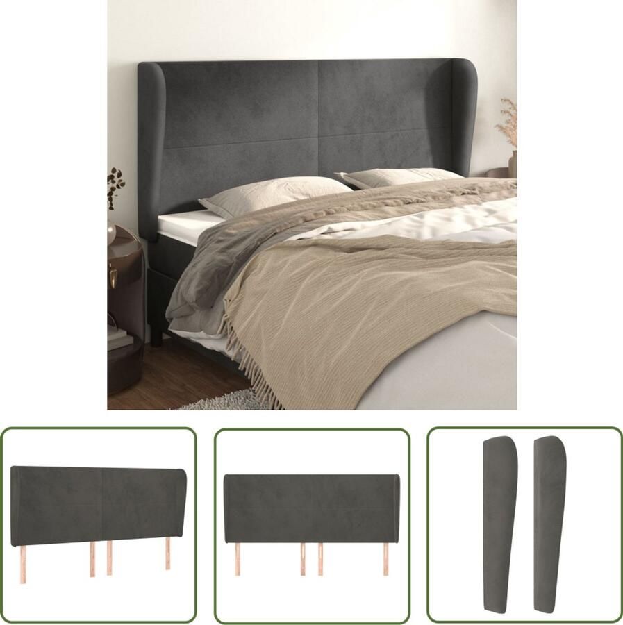 VidaXL Hoofdbord met randen 183x23x118 cm Donkergrijs Hoofd Bord Hoofdbord Velvet Grijs Tweepersoonsbed Luxe Bed Leeshoek