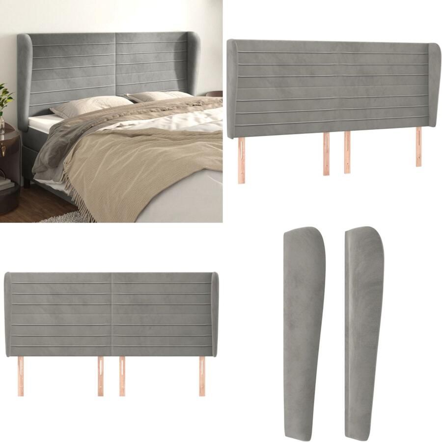 VidaXL Hoofdbord met randen 183x23x118 128 cm fluweel lichtgrijs Hoofdbord Hoofdborden Hoofdeinde Houten Hoofdbord