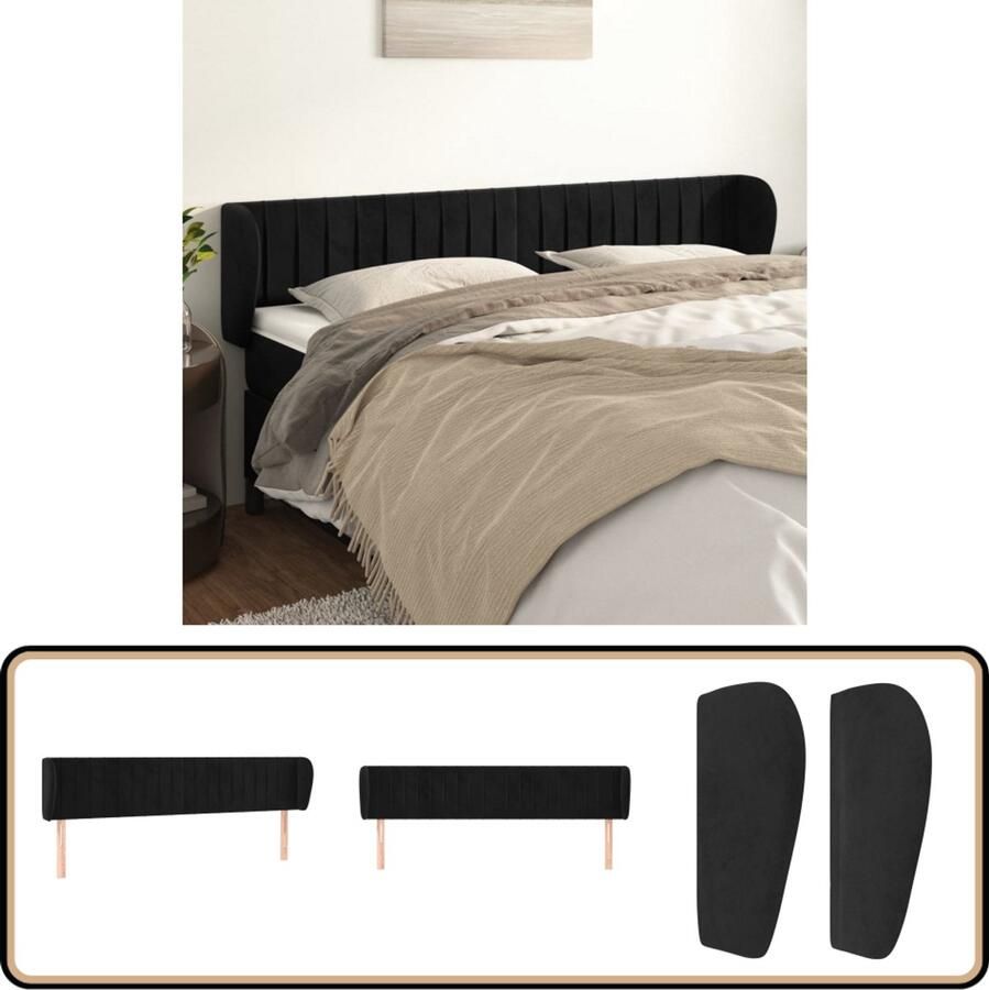 VidaXL Hoofdbord met randen 183x23x78 88 cm Fluweel Zwart Klassieke Hoofdbord Zwart Velvet Hoofdbord Bedhoofd Hoofdkussen Luxe Hoofdbord Ergonomisch Hoofdbord Leeshoek