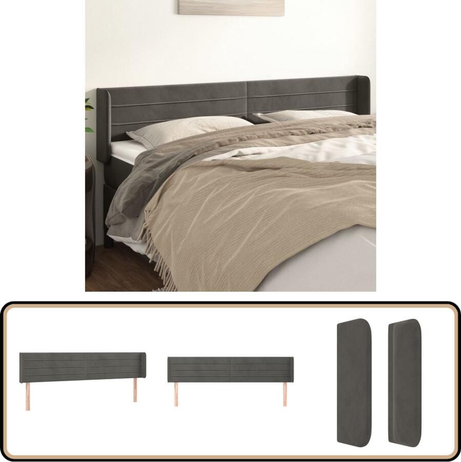 VidaXL Hoofdbord met randen 183x78 cm Donkergrijs Hoofd Bord Hoofdkussen Velvet Grijs Tweepersoonsbed Beddecoratie Slaapcomfort