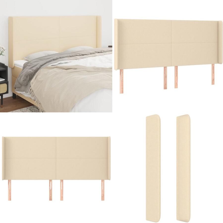 VidaXL Hoofdbord met randen 203x16x118 128 cm stof crèmekleurig Hoofdbord Hoofdborden Hoofdeinde Houten Hoofdbord