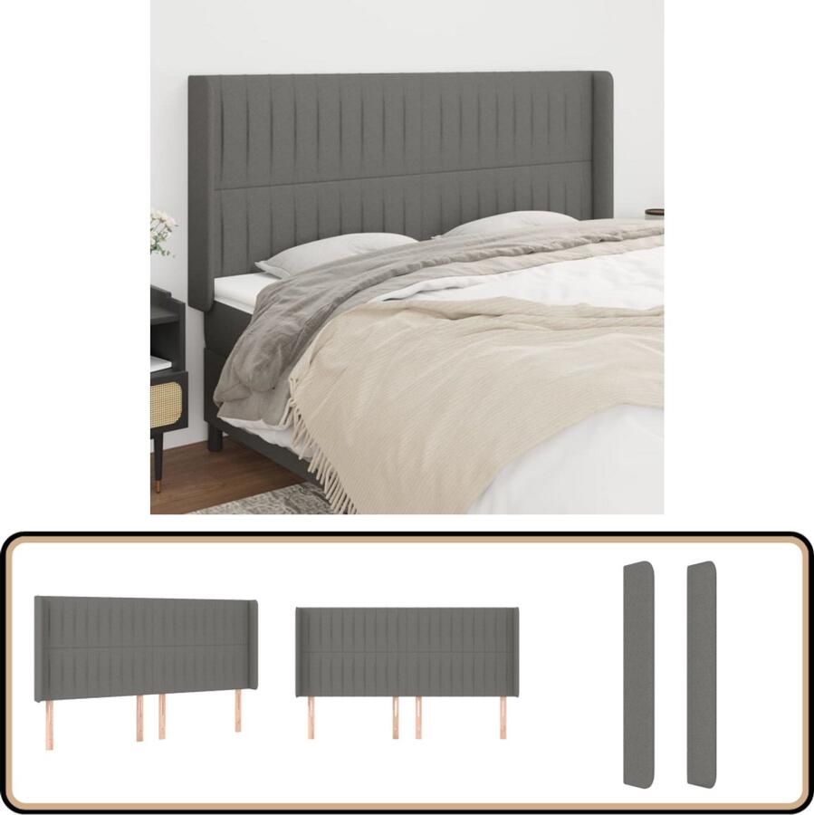 VidaXL Hoofdbord met randen 203x16x118 128 cm Stof Donkergrijs Hoofd Bord Hoofdeinde Bed Accessoires Slaap Kamer Meubels Grijs Stoffen Hoofdbord