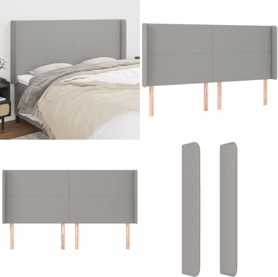 VidaXL Hoofdbord met randen 203x16x118 128 cm stof lichtgrijs Hoofdbord Hoofdborden Hoofdeinde Houten Hoofdbord