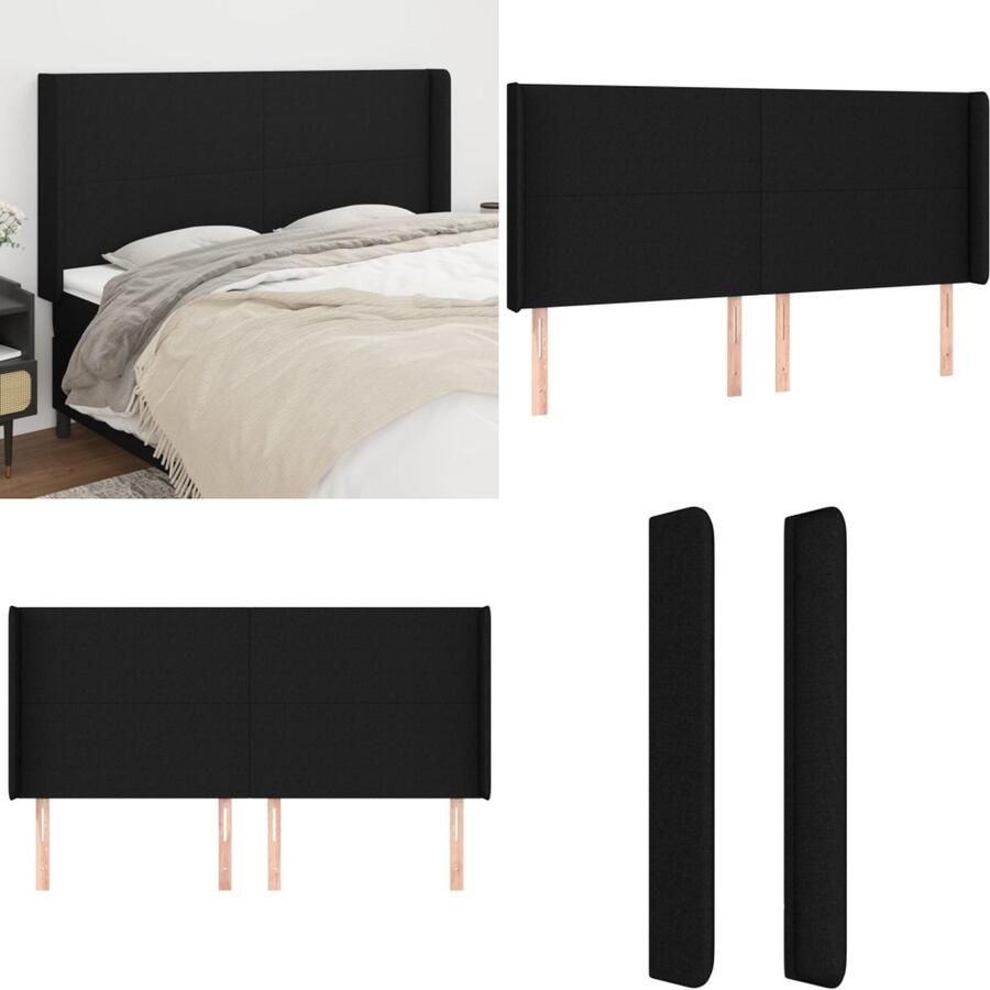 VidaXL Hoofdbord met randen 203x16x118 128 cm stof zwart Hoofdbord Hoofdborden Hoofdeinde Houten Hoofdbord