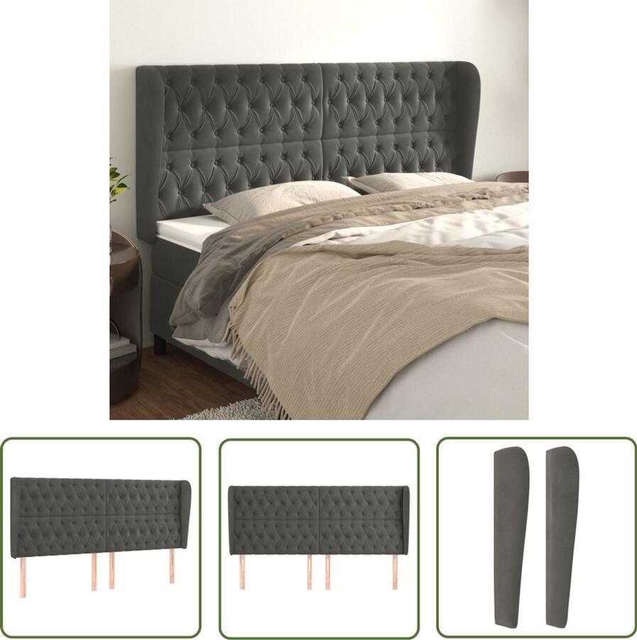 VidaXL Hoofdbord met randen 203x23x118 128 cm Fluweel Hoofd Bord Hoofdkussen Velvet Grijs Tweepersoonsbed King Size Bed Bedroom Decor Slaapkamer Accessoires