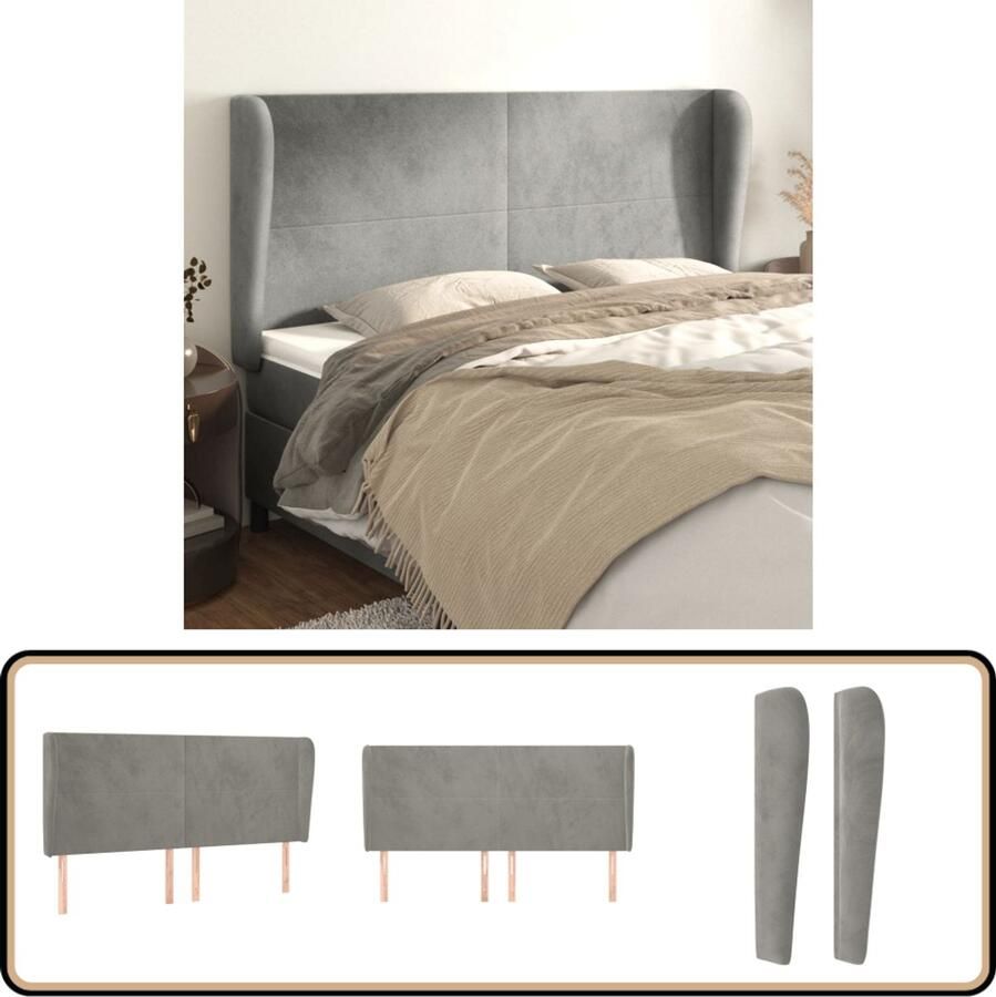 VidaXL Hoofdbord met randen 203x23x118 128 cm Grijs Hoofd Bord Hoofdkussen Bedding Slaap Accessoires Klassiek Interieur Luxe Bedding Velvet Grijs