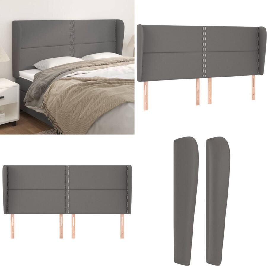 VidaXL Hoofdbord met randen 203x23x118 128 cm kunstleer grijs Hoofdbord Hoofdborden Hoofdeinde Houten Hoofdbord