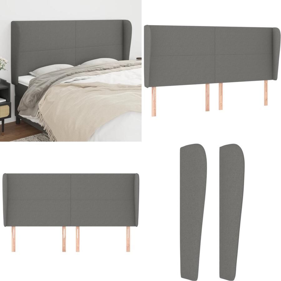 VidaXL Hoofdbord met randen 203x23x118 128 cm stof donkergrijs Hoofdbord Hoofdborden Hoofdeinde Houten Hoofdbord