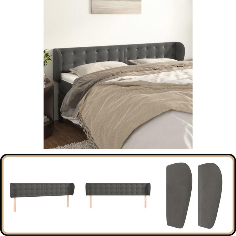 VidaXL Hoofdbord met randen 203x23x78 88 cm Fluweel Hoofd Bord Hoofdborden Beddecoratie Velvet Grijs Donkere Kleuren Luxe Comfort