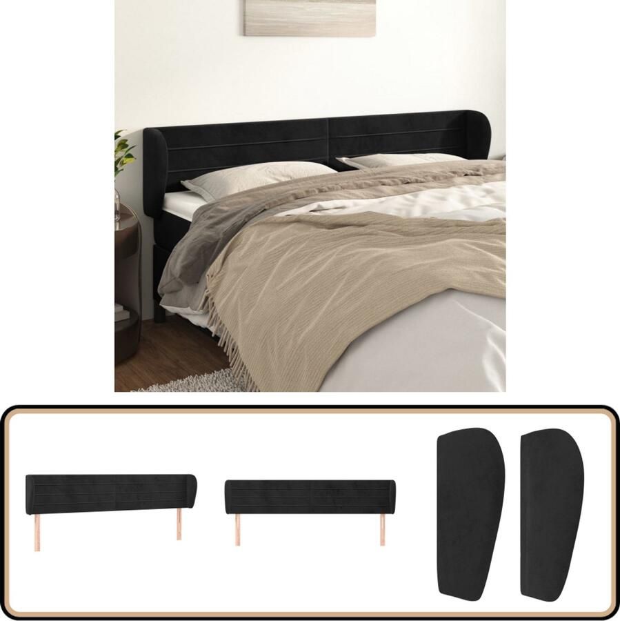 VidaXL Hoofdbord met randen 203x23x78 88 cm Zwart Hoofd Bord Hoofdeinde Beddecoratie Velvet Zwarte Kamer
